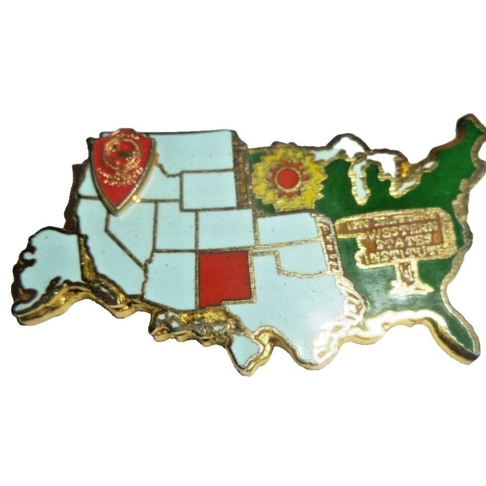 Western States Institute USA Map Enamel Lapel Pin Gold Tone Vintage Souvenir